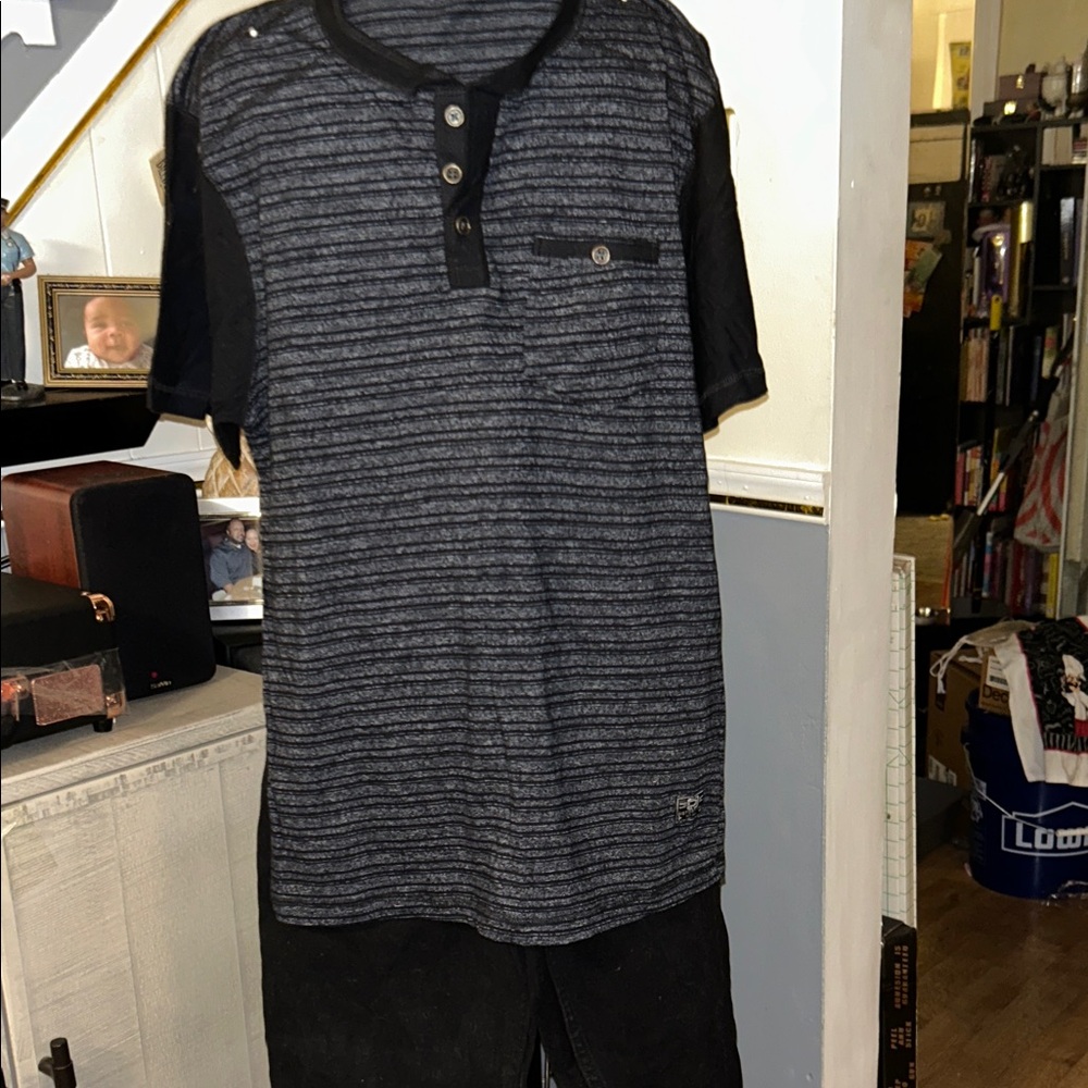Sm Striped Black and Gray Distortion Shirt with Wrangler Black Jeans 30x30